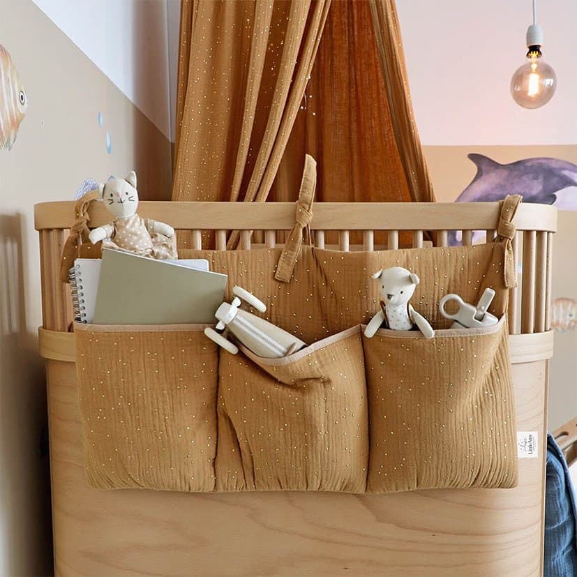Organizator suspendat din muselina pentru pat, 60 x 30 cm, Little Amy, Golden dots camel