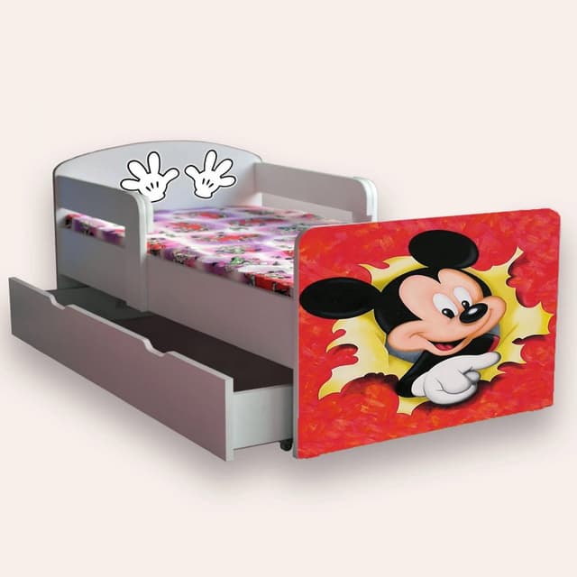 Pat pentru copii Mickey Mouse cu manere, sertar si saltea, 2-12 ani, 140x70 cm