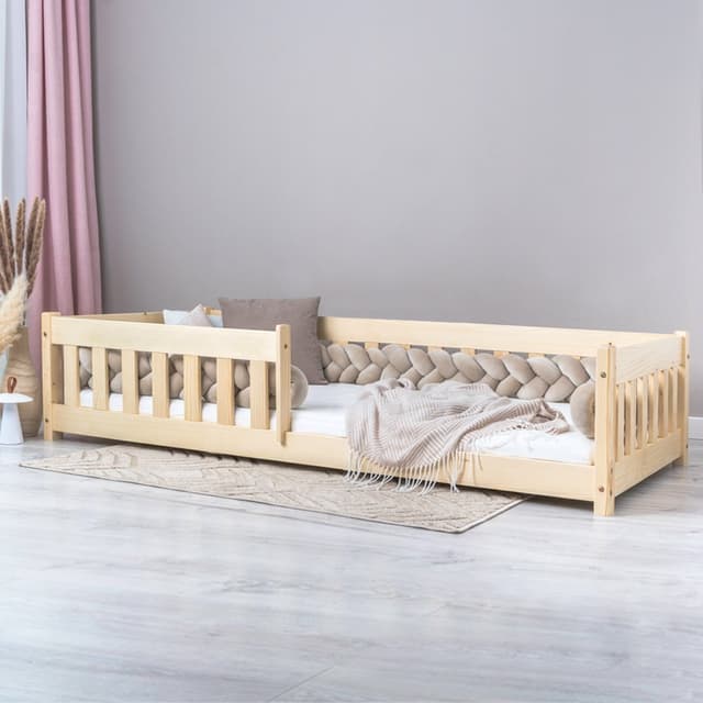 Pat pentru copii Montessori cu balustrada, Little Amy, Charlie, balustrade cu bare plate, Natur, 100 x 200 cm