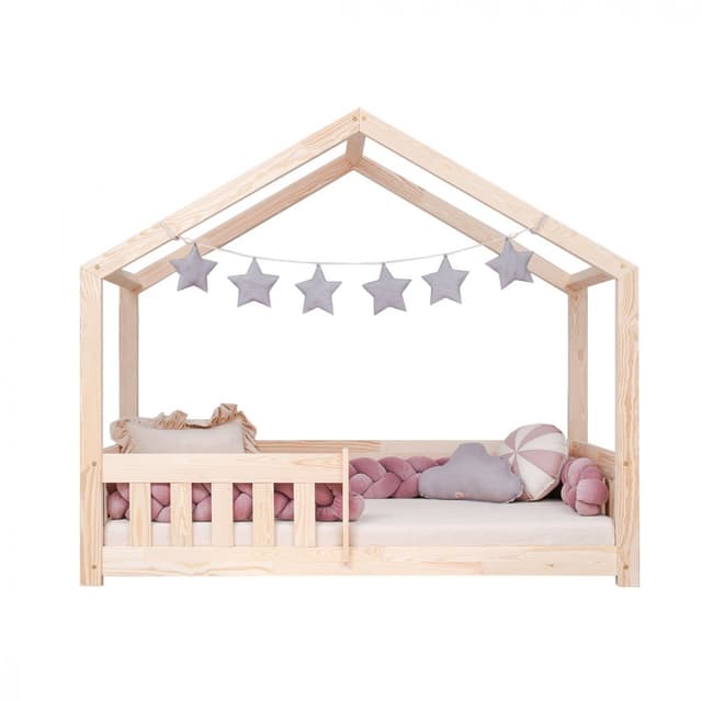 Pat pentru copii Montessori tip casuta, LittleAmy, Cozi Cottage, balustrade cu bare plate, Natur, 140 x 200 cm