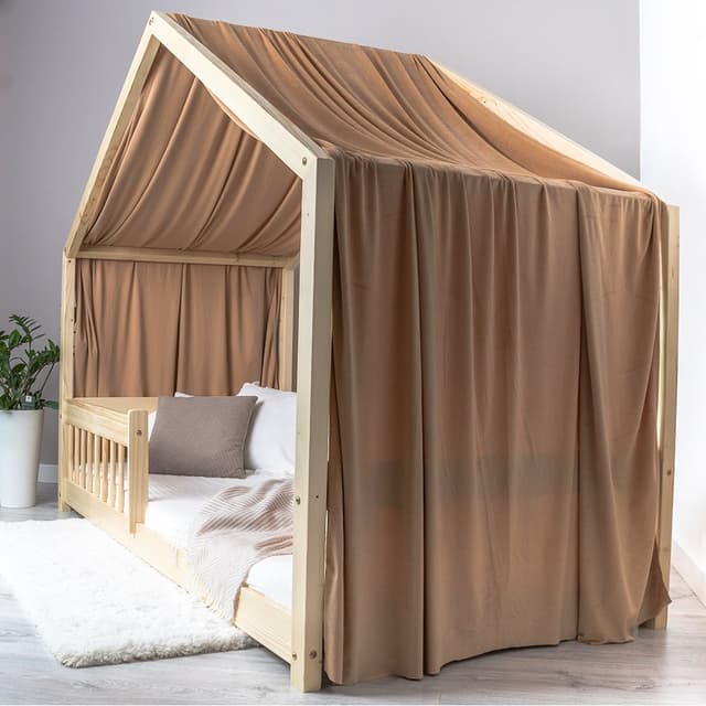 Pat pentru copii Montessori tip casuta, LittleAmy, Cozi Cottage, balustrade cu bare rotunde, Natur, 100 x 200 cm
