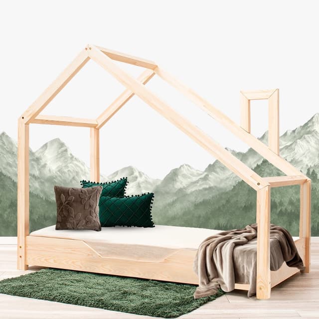 Pat pentru copii Montessori tip casuta, LittleAmy, Dream, Natur, 90 x 200 cm