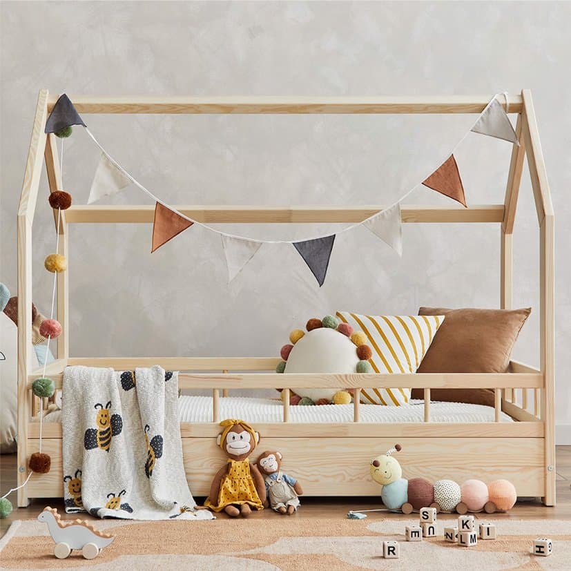 Pat pentru copii casuta Montessori, Little Amy, MonteHouse, Natur, 80 x 160 cm