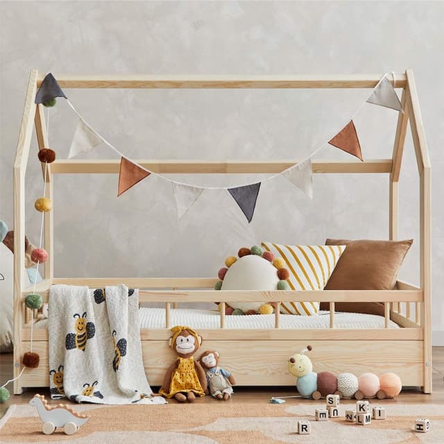 Pat pentru copii casuta Montessori, Little Amy, MonteHouse, Natur, 90 x 200 cm