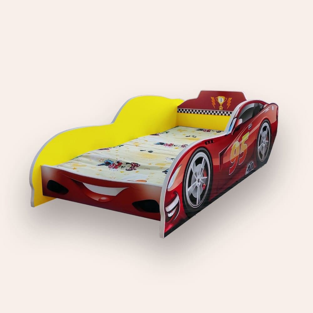 Pat pentru copii masina Fulger McQueen Galben cu saltea, 2-12 ani, 160x80 cm