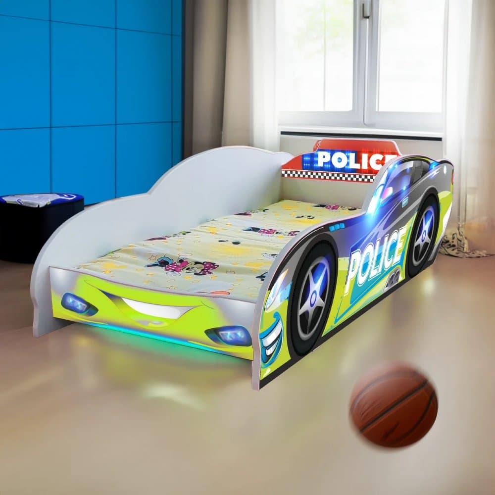 Pat pentru copii masina Police, 2-8 ani, 140x70 cm