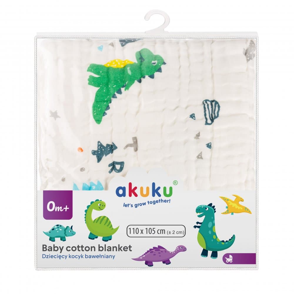 Patura multifunctionala din muselina pentru bebelusi Akuku Dino 110x105 cm,tesatura usoara din bumbac,utilizare caruciorpatutscaun auto,material respirabil