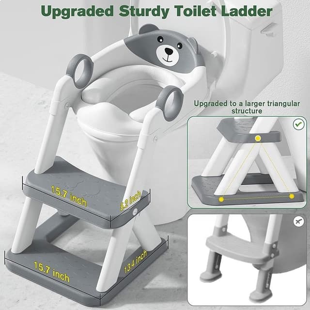 Reductor de toaleta pentru copii Little Mom Gray Teddy Bear, colac din PVC, design pliabil, robust si stabil, ajustabil pe 6 nivele de inaltime, manere ergonomice, design anti-stropire, dimensiune 38 x 34 x 59 cm
