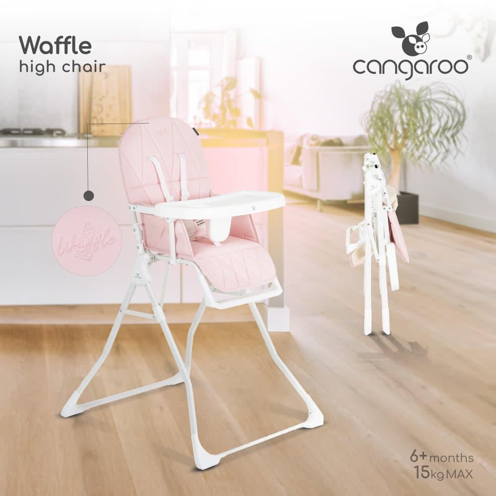 Scaun de masa pentru copii Cangaroo Waffle Pink,model pliabil compact cu unitatea scaunului,husa din piele ecologica ,suport picioare reglabil,centura de siguranta,tava reglabila in 3 pozitii,greutate admisa 15 kg