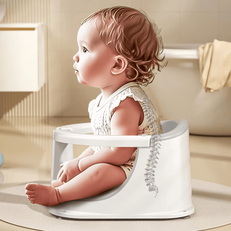 Scaunel de baie pentru bebelusi Little Mom BabySpa Blue, termometru digital cu ecran tactil, bariera circulara 360, cu spatar ergonomic, compatibilitate universala, si Jucarie rotativa tip spinner inclusa