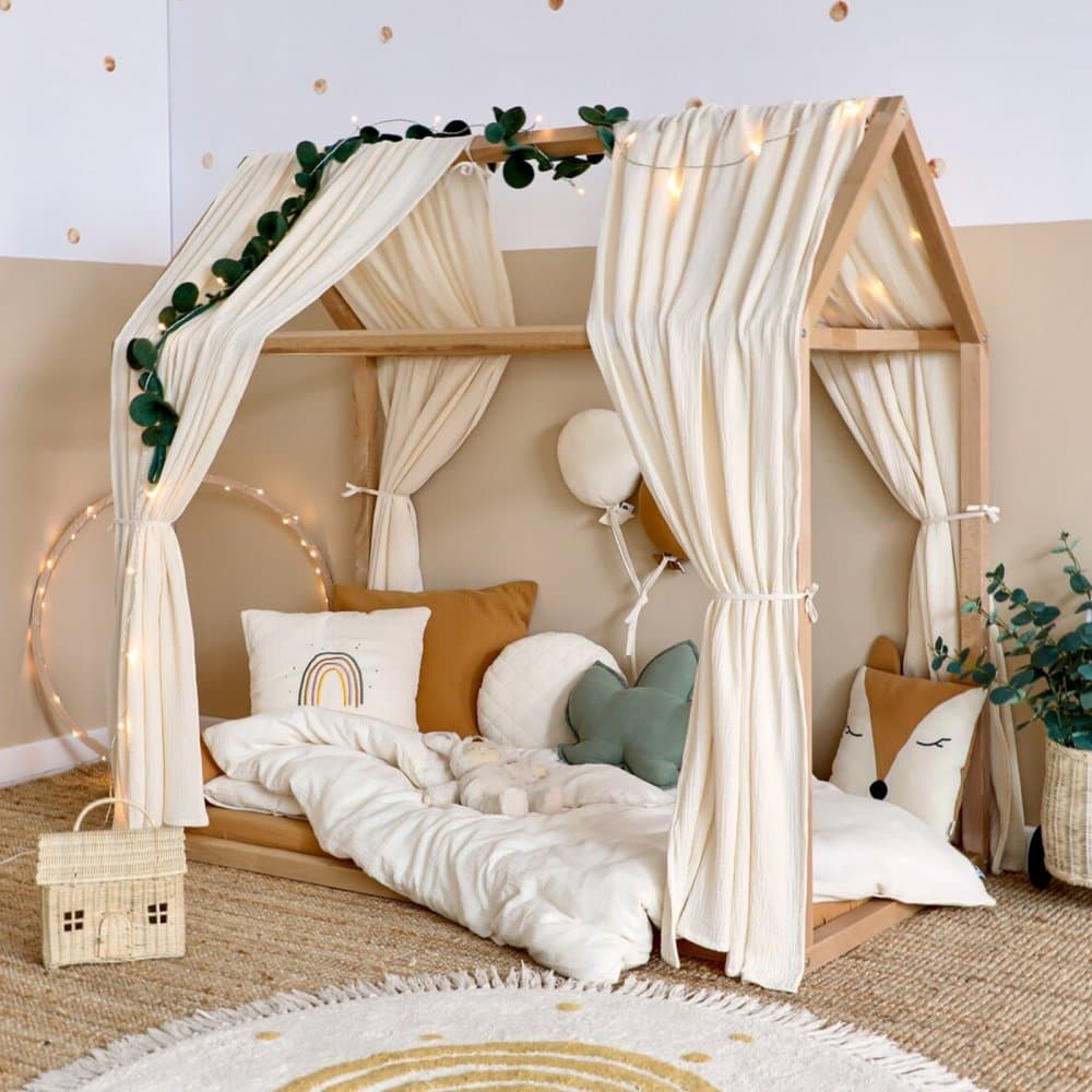 Set 2 baldachine muselina pentru pat tip casuta, Little Amy, Crem, 2x315 cm pentru pat 90x180 cm