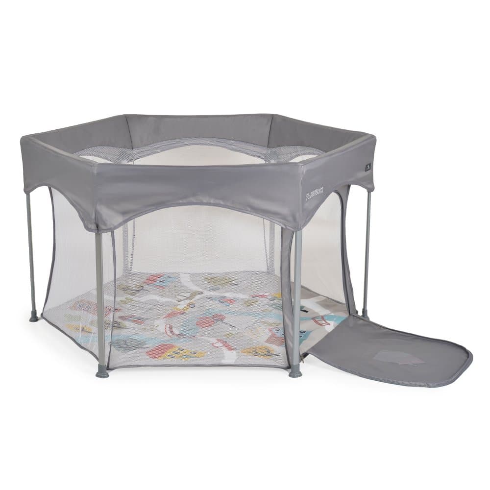 Tarc de joaca hexagonal pentru copii Cangaroo Playbox Grey,pliabil compact,baza termoizolanta,pereti cu plasa interioara 360 pentru vizibilitate si ventilatie,intrare cu fermoar,constructie usoara si stabila, 139x118x74.5 cm