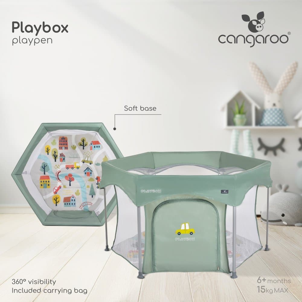 Tarc de joaca hexagonal pentru copii Cangaroo Playbox Pink,pliabil compact,baza termoizolanta,pereti cu plasa interioara 360 pentru vizibilitate si ventilatie,intrare cu fermoar,constructie usoara si stabila,139x118x74.5 cm
