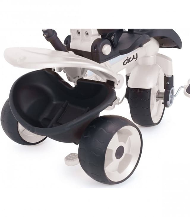 Tricicleta pentru copii Injusa City Max Alb Negru cu pozitie de somn, maner parental reglabil, cadru din aluminiu, accesorii incluse, roti spuma Eva, cadru aluminiu, greutate admisa 25 kg, 8 luni+