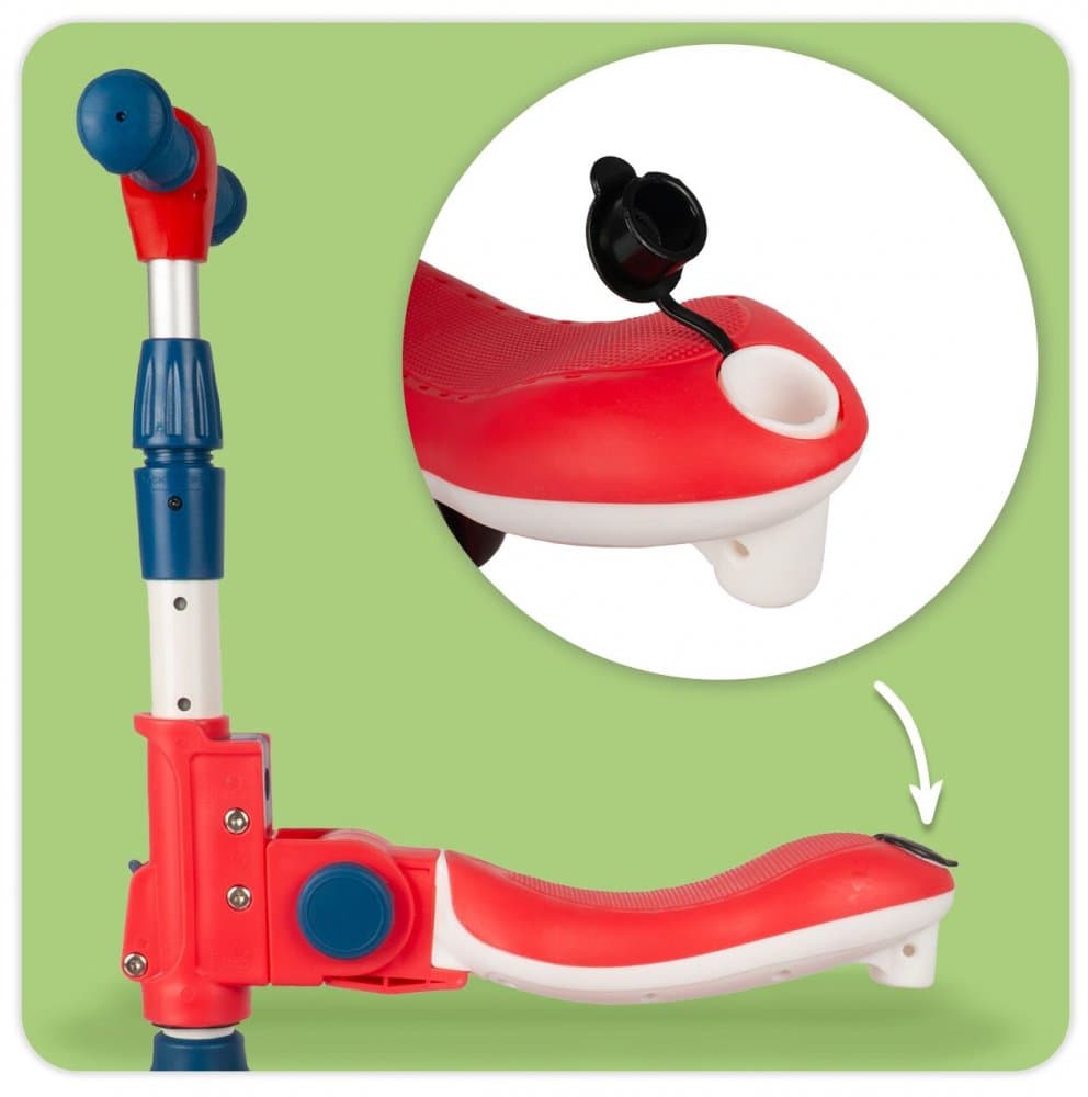 Trotineta pentru copii, Malplay, pliabila, 2 in 1, scaunel detasabil, roti din PU cu lumini Led, punte antiderapanta si frana de picior, ghidon reglabil pe inaltime, manere ergonomice, 56 x 28 x 66 cm, Red