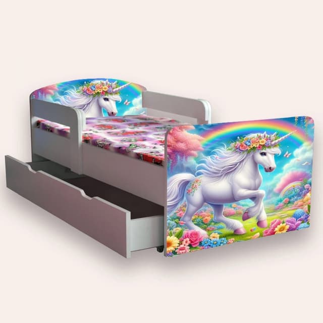 Pat pentru copii Unicorn varianta 2, cu sertar si saltea, 2-12 ani, 160x80 cm