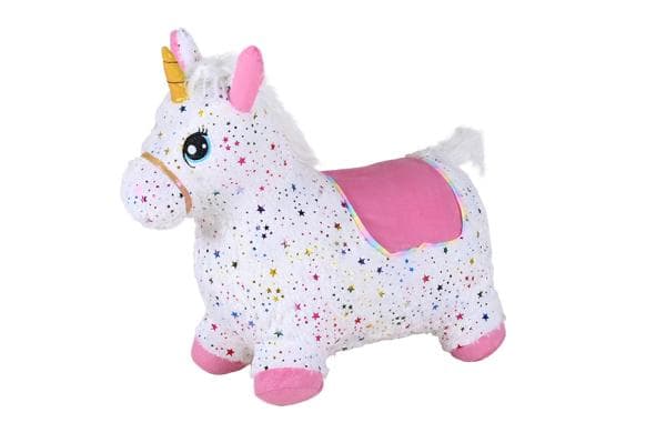 Unicorn gonflabil din plus pentru sarit Knorr Toys Pink include pompa de aer, husa moale detasabila din material textil, 63x26x52 cm, pana la 50 kg, 12 luni