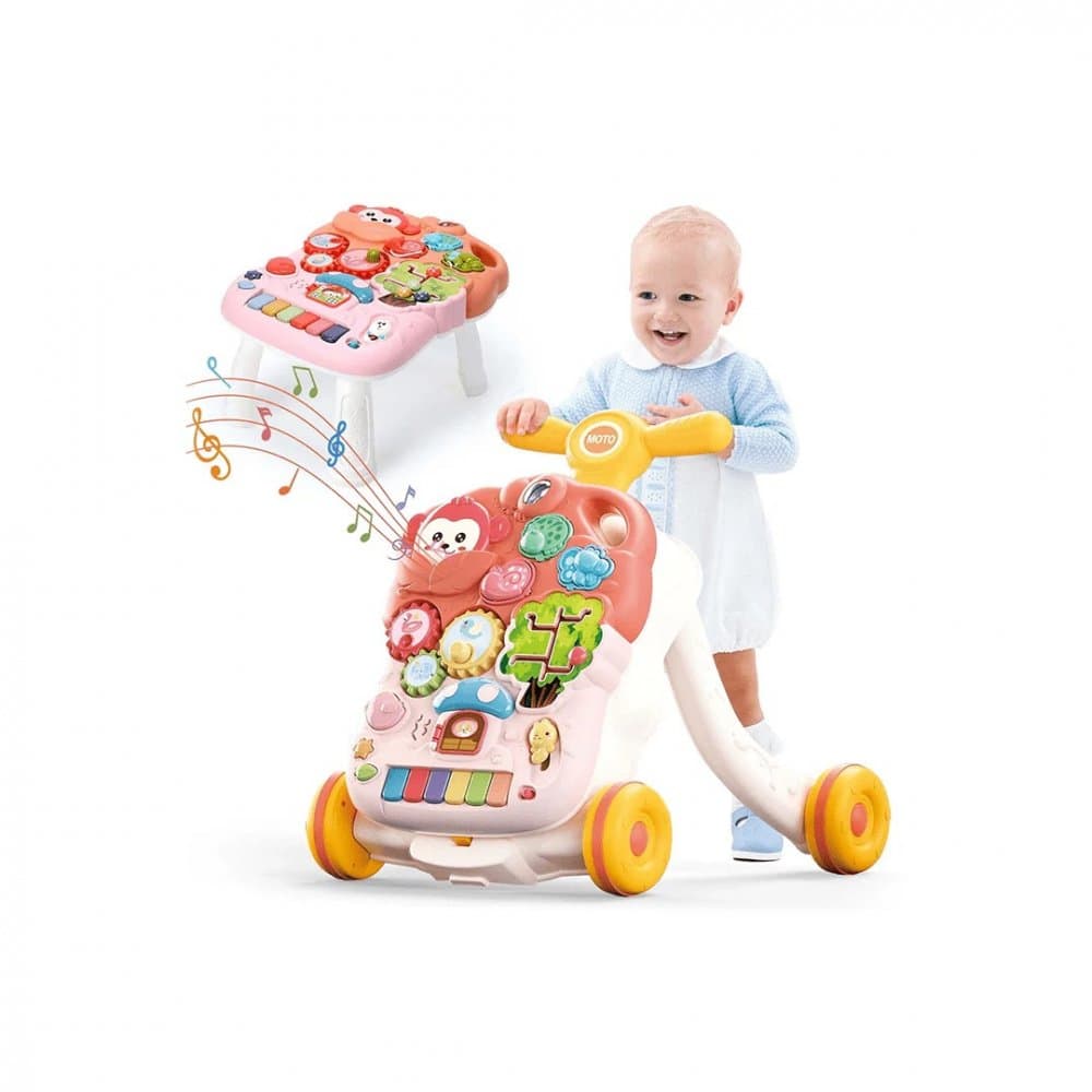 Antepremergator si masuta de activitati 2 in 1 pentru copii, cu panou interactiv detasabil, telefon, activitati educative, sunete, lumini, roti antiderapante, pink