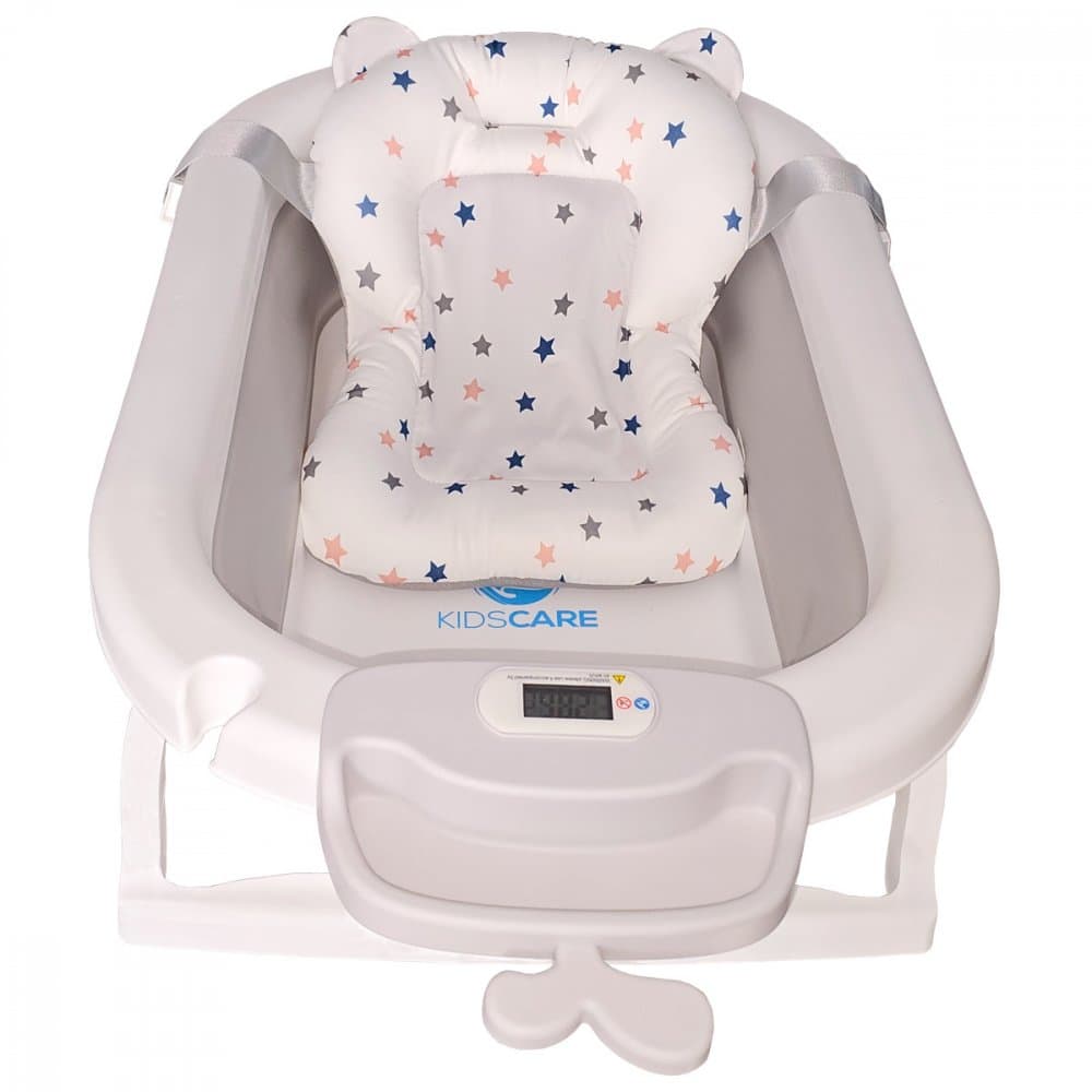 Cadita pliabila KidsCare Gri cu termometru, perna reductor, jucarii, protectie cap, cana pliabila