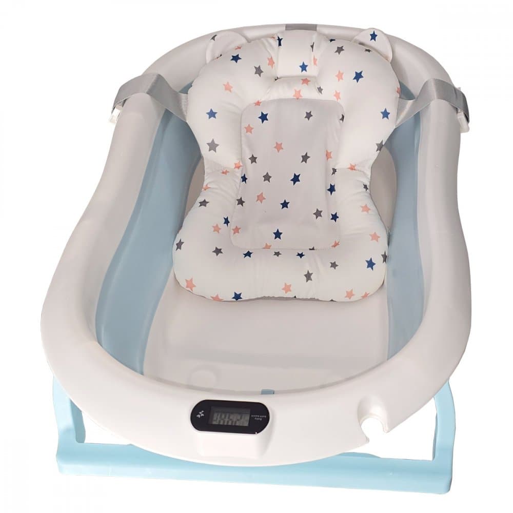 Cadita pliabila pentru bebelusi KidsCare Albastra cu termometru, perna reductor, jucarii, protectie cap, cana pliabila