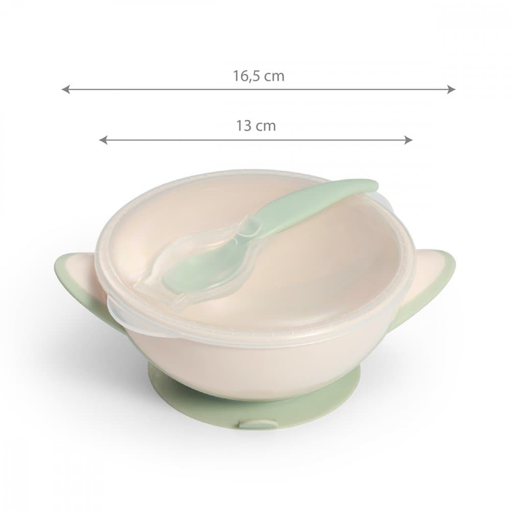 Castron cu ventuza si lingura Baby Ono Verde deschis