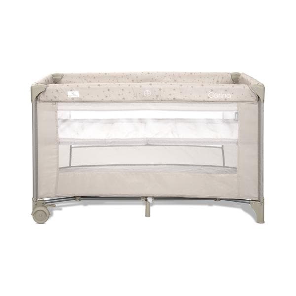 Patut pliabil pentru copii Lorelli Carina Beige Stars, 2 nivele, deschidere laterala cu fermoar, prevazut cu roti cu frana