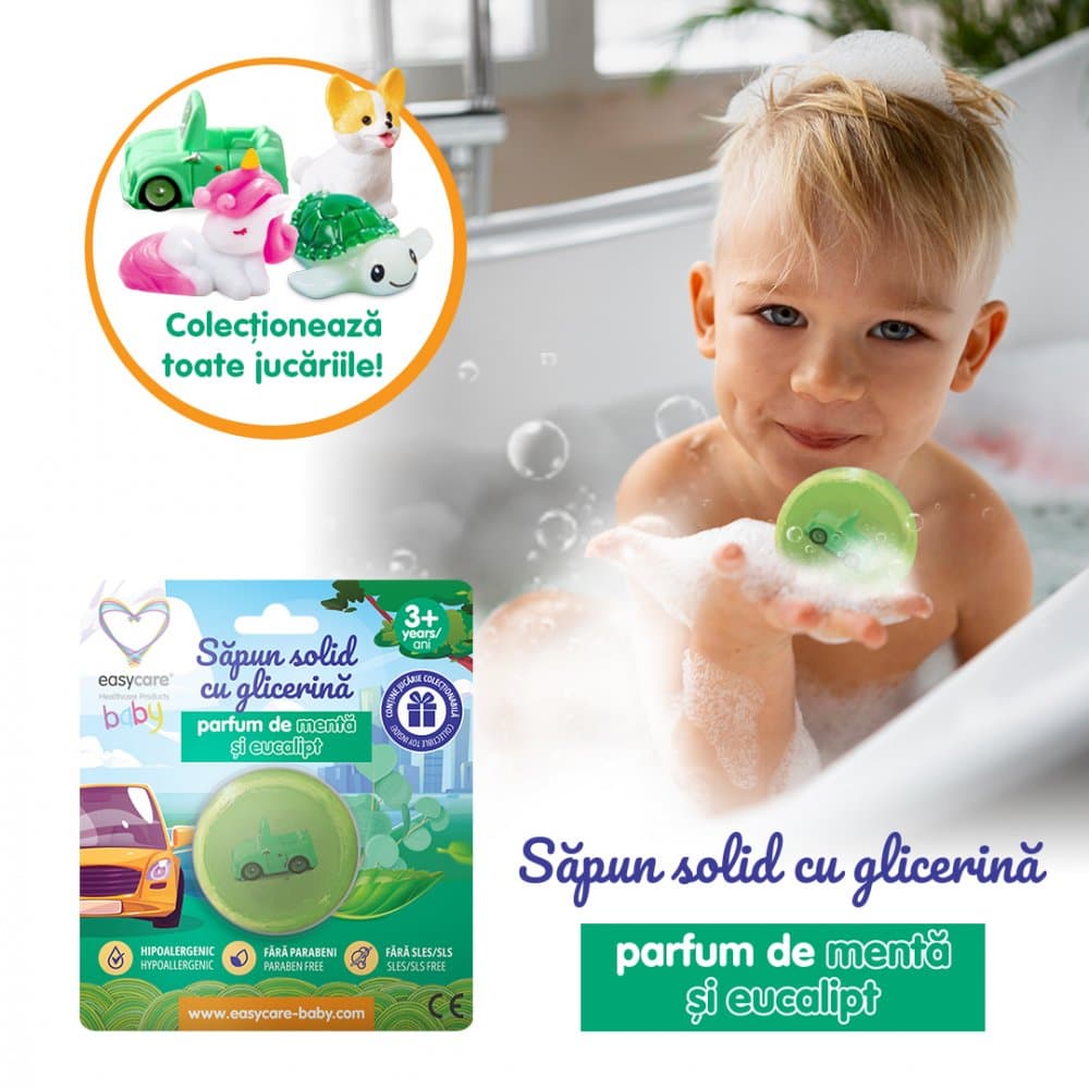 Sapun solid cu glicerina si jucarie pentru copii, parfum menta eucalipt 100g Easycare Baby