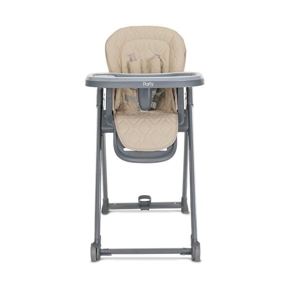Scaun de masa pentru copii Lorelli Party Beige Leather cadru usor din aluminiu, spatar reglabil, suport picioare, centuri de siguranta, roti, cos pentru jucarii, 6 luni+