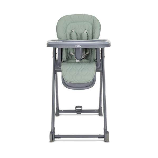 Scaun de masa pentru copii Lorelli Party Green Leather cadru usor din aluminiu, spatar reglabil, suport picioare, centuri de siguranta, roti, cos pentru jucarii, 6 luni+