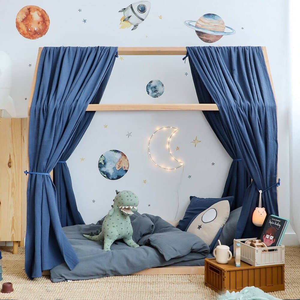 Set 2 baldachine muselina pentru pat tip casuta, Little Amy, Albastru inchis, 2x385 cm pentru pat 140x200 cm