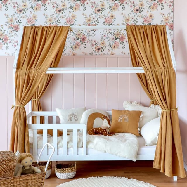 Set 2 baldachine muselina pentru pat tip casuta, Little Amy, Camel, 2x280 cm pentru pat 70x140 cm