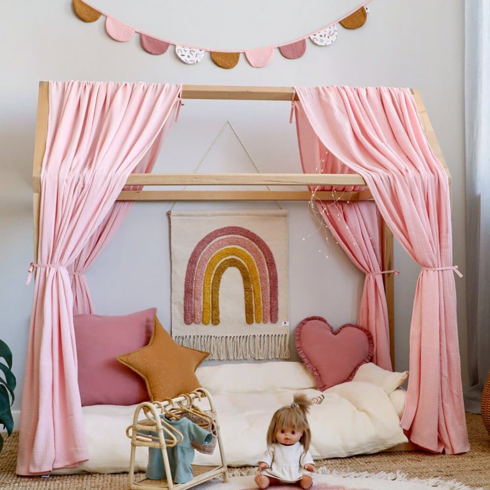 Set 2 baldachine muselina pentru pat tip casuta, Little Amy, Roz, 2x315 cm pentru pat 90x200 cm