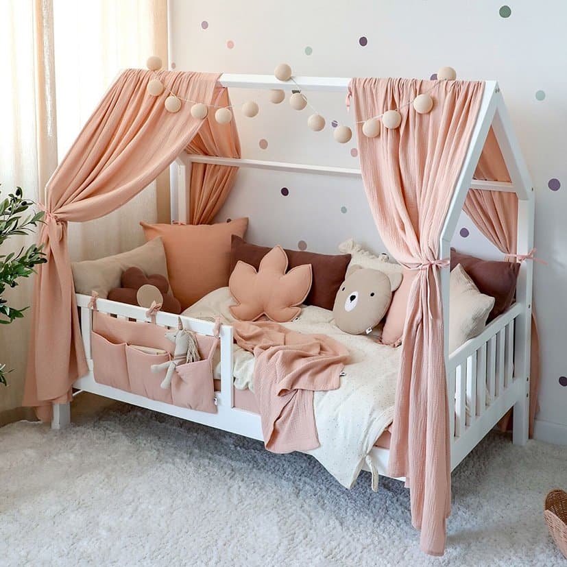 Set 2 baldachine muselina pentru pat tip casuta, Little Amy, Somon, 2x280 cm pentru pat 70x140 cm