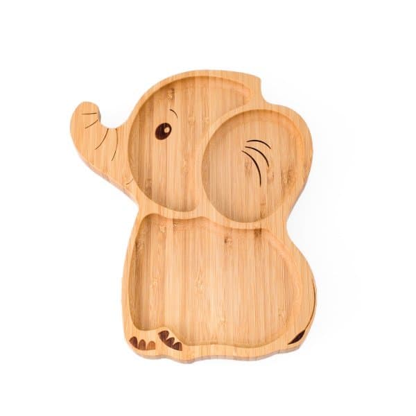 Set diversificare pentru copii Castron, farfurie elefant din bambus cu lingurita, cana cu pai si baveta Oaki Galben