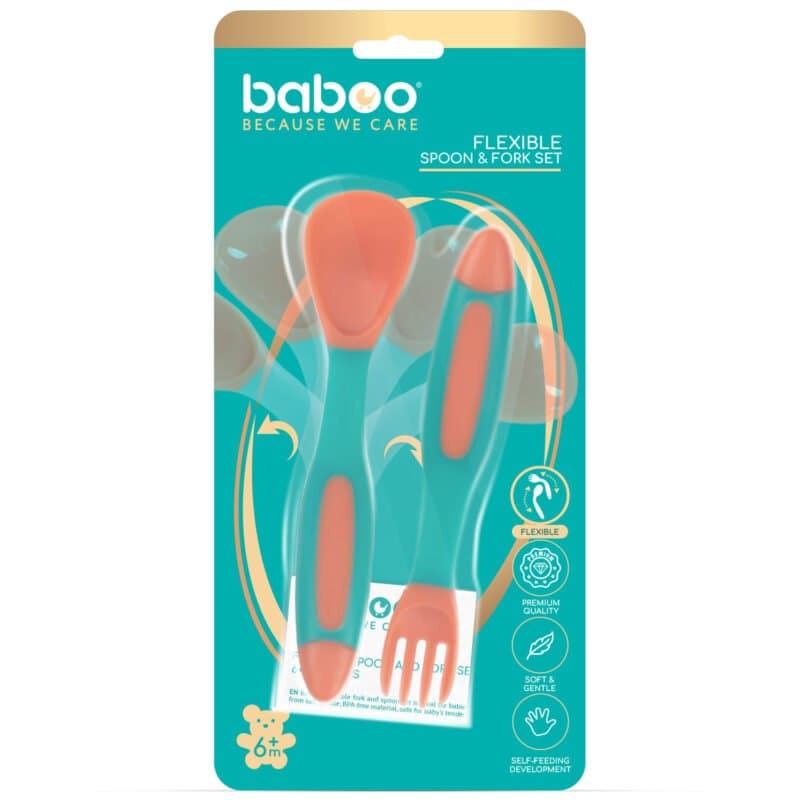Set lingurita si furculita flexibile Baboo Portocaliu Verde 6 luni+