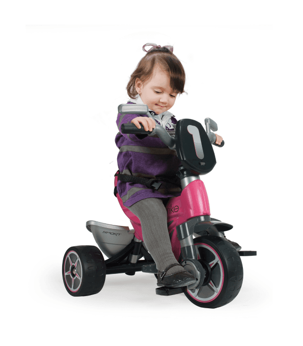 Tricicleta evolutiva pentru copii Injusa Body Pink cu maner parental, cadru din aluminiu, suport picioare, bara detasabila, roti Eva, cosulet, geanta, varsta 10 luni+