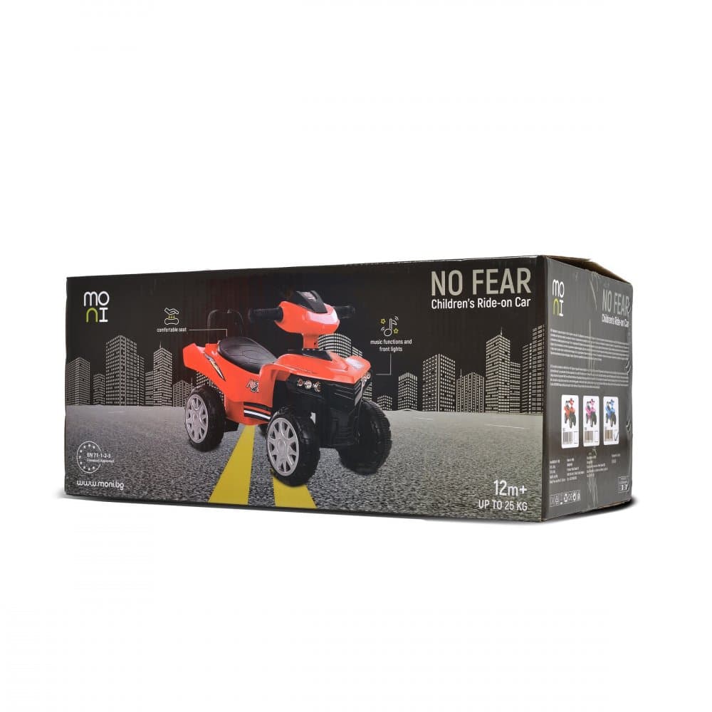 ATV copii fara pedale Moni No Fear Blue cu compartiment pentru jucarii, volan cu claxon, functii luminoase si muzicale, spatar,roti rezistente,sistem antirasturnare