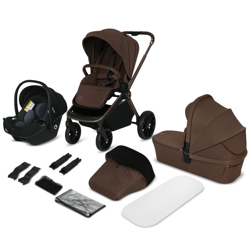 Carucior pentru copii Lionelo Mika Plus Mocha Mousse, 3 in 1, cadru din aluminiu, cu landou intarit si salteluta moale, scoica auto testata ADAC, reversibil, accesorii, Conform cu EN1888-1