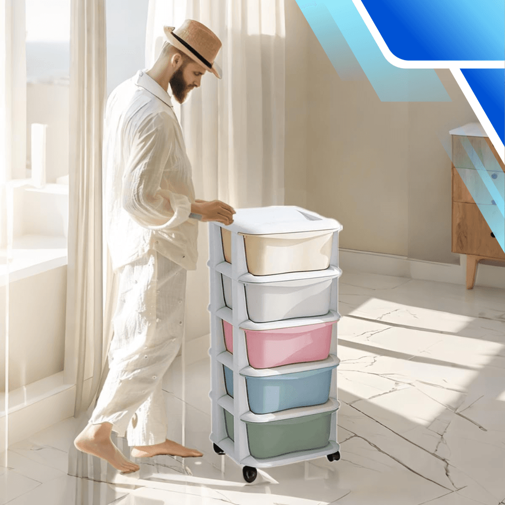 Dulap longitudinal cu roti si 5 compartimente multicolore pentru depozitare NiceKids, din plastic, dimensiune 36 x 35 x 89 cm