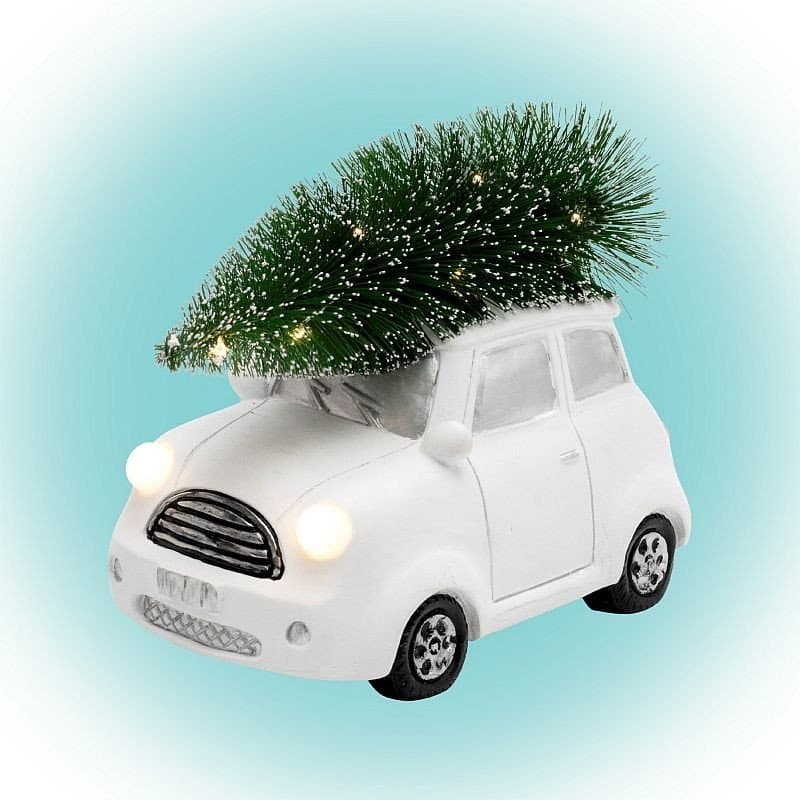 Figurina ceramica ornamentala, masina cu brad, iluminata led