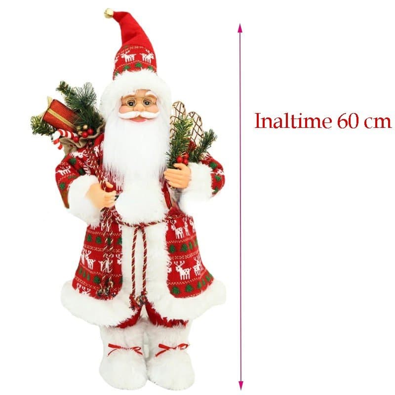 Mos craciun 60 cm, figurina decorativa, saculet cadouri, caciula cu clopotel