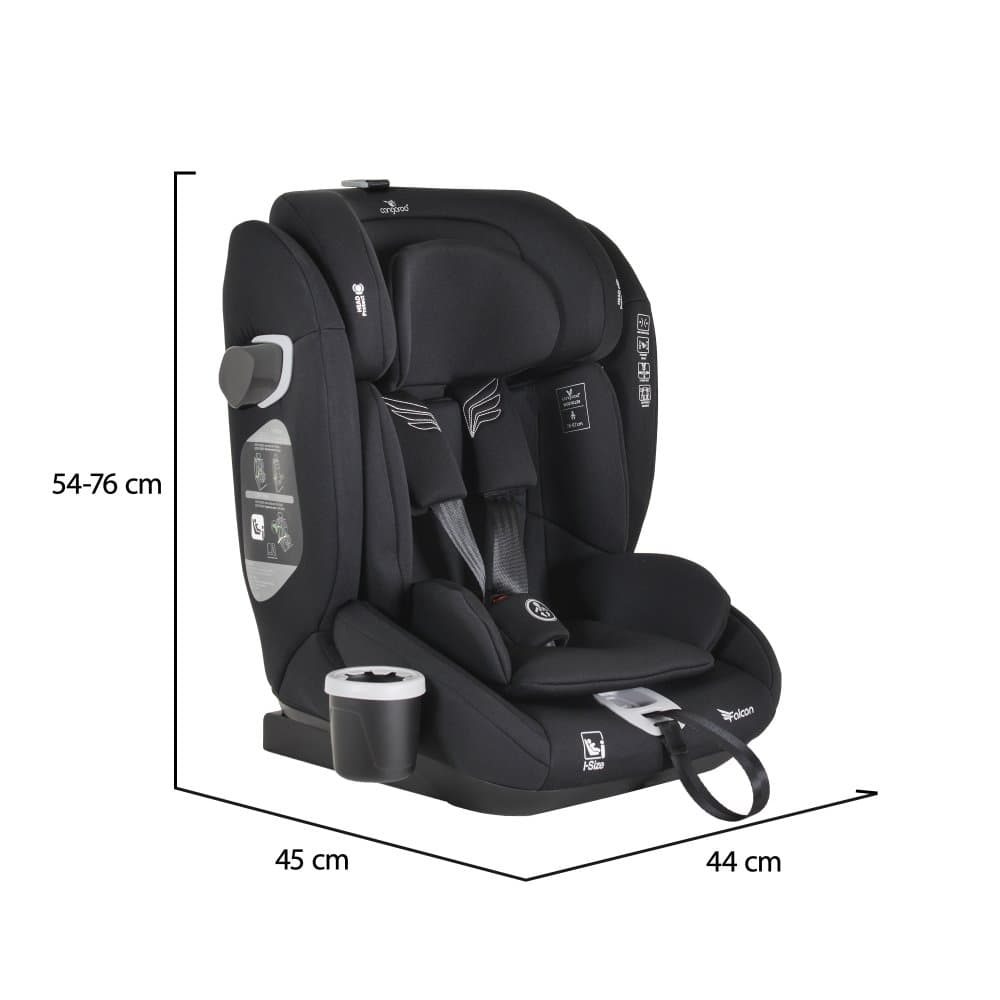 Scaun auto Cangaroo Falcon Pirate black 76-150 cm,certificat I-Size R129,protectie SPS,tetiera din spuma memorie reglabila 9 pozitii,salteluta reductor si suport pahar incluse