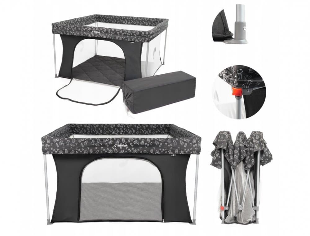 Tarc de joaca pentru copii Kidnort Snoen Dark Grey, pliabil, design modern si sigur, acces mare cu fermoar actionat din exterior, husa depozitare inclusa, dimensiune 126.5 x 74.5 cm