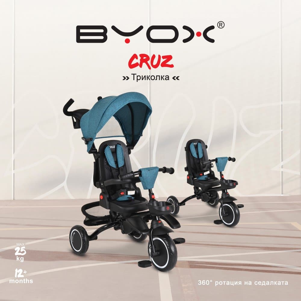 Tricicleta pliabila pentru copii Byox Cruz Turcoaz cu scaun rotativ 360 grade,spatar reglabil,copertina,maer parental reglabil,roti EVA cu frana,cosulet,gentuta si suport pahar