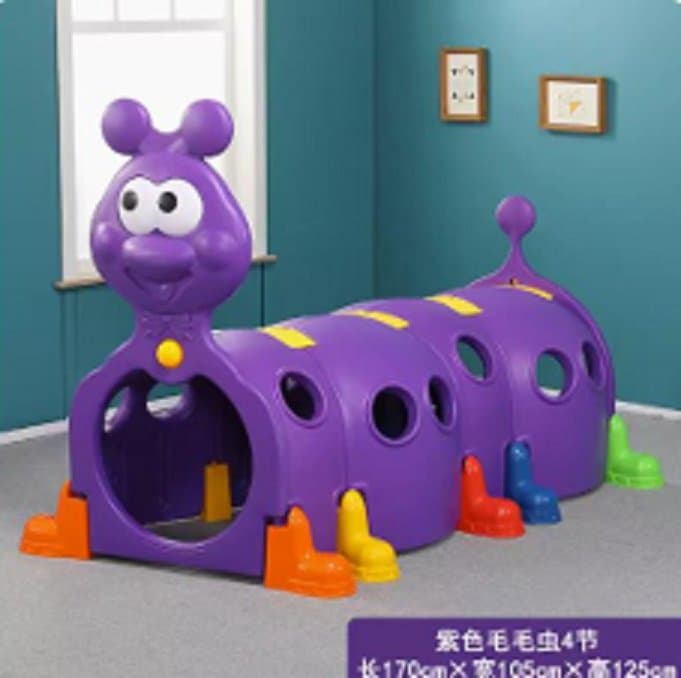Tunel de joaca pentru copii Nichiduta Garden Omida mov, design modular cu 4 segmente tubulare, robust si sigur, dimensiune 185 x 100 x 103 cm