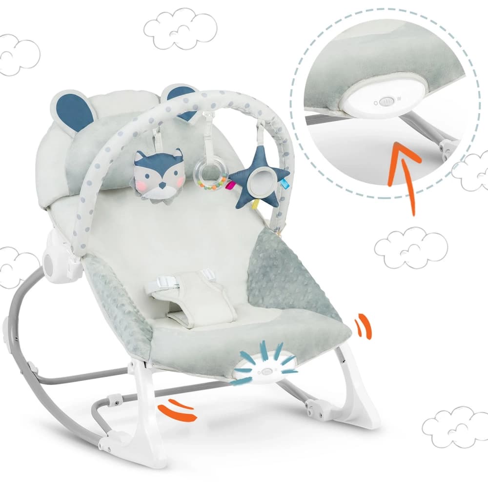 Balansoar multifunctional cu vibratii Ricokids Grey cu pernuta detasabila,arcada cu jucarii fosnaitoare,husa detasabila,baza antiderapanta si centuri de siguranta,pana la 18 kg