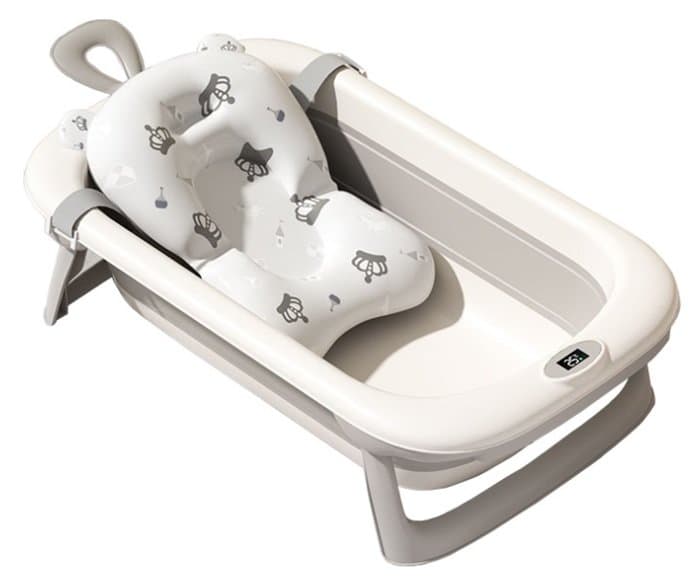 Cadita bebelusi pliabila Little Mom Dino grey, include o perna de siguranta detasabila, termometru cu display digital, protectie anti-alunecare, 87x51x23 cm