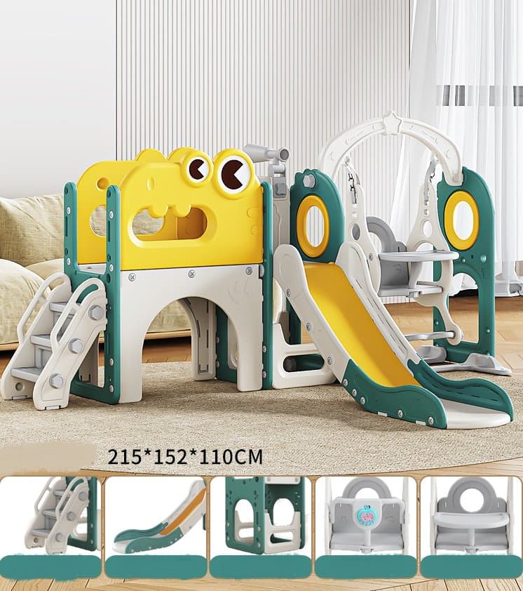 Spatiu de joaca pentru copii Nichiduta Garden greenwhite, Leagan muzical cu masuta, scari de acces si tobogan, cadru stabil si robust, dimensiune 215 x 152 x 110 cm