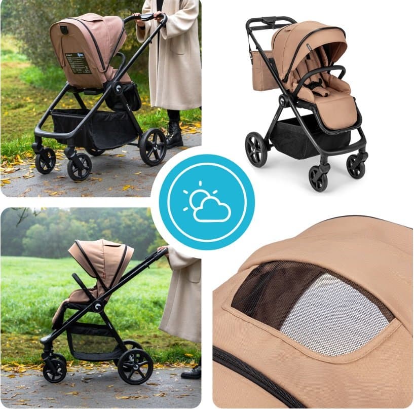 Carucior pentru copii Kidnort Alskar beige, 6-48 luni pana la 22 kg, bara de protectie detasabila, capotina extensibila, spatar si suport pentru picioare reglabile, cu geanta si accesorii incluse