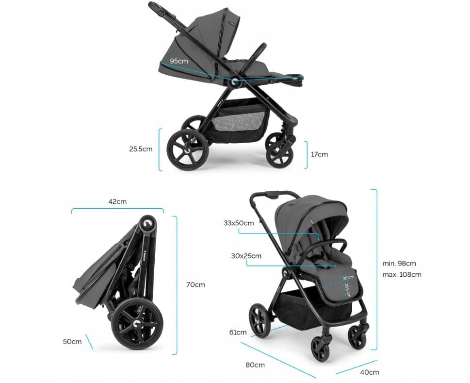 Carucior pentru copii Kidnort Alskar dark gray, 6-48 luni pana la 22 kg, bara de protectie detasabila, capotina extensibila, spatar si suport pentru picioare reglabile, cu geanta si accesorii incluse